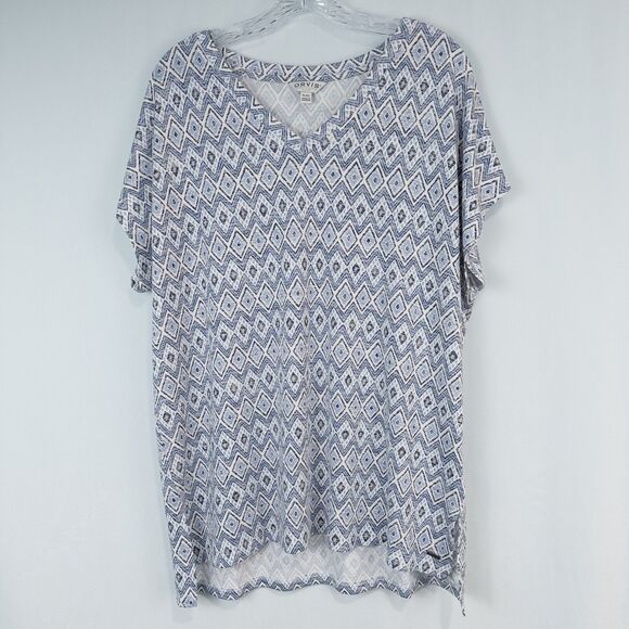 Orvis V Neck Tunic Top Womens XL Blue Ikat Soft Stretchy Knit Boho Geo Print - Picture 1 of 14
